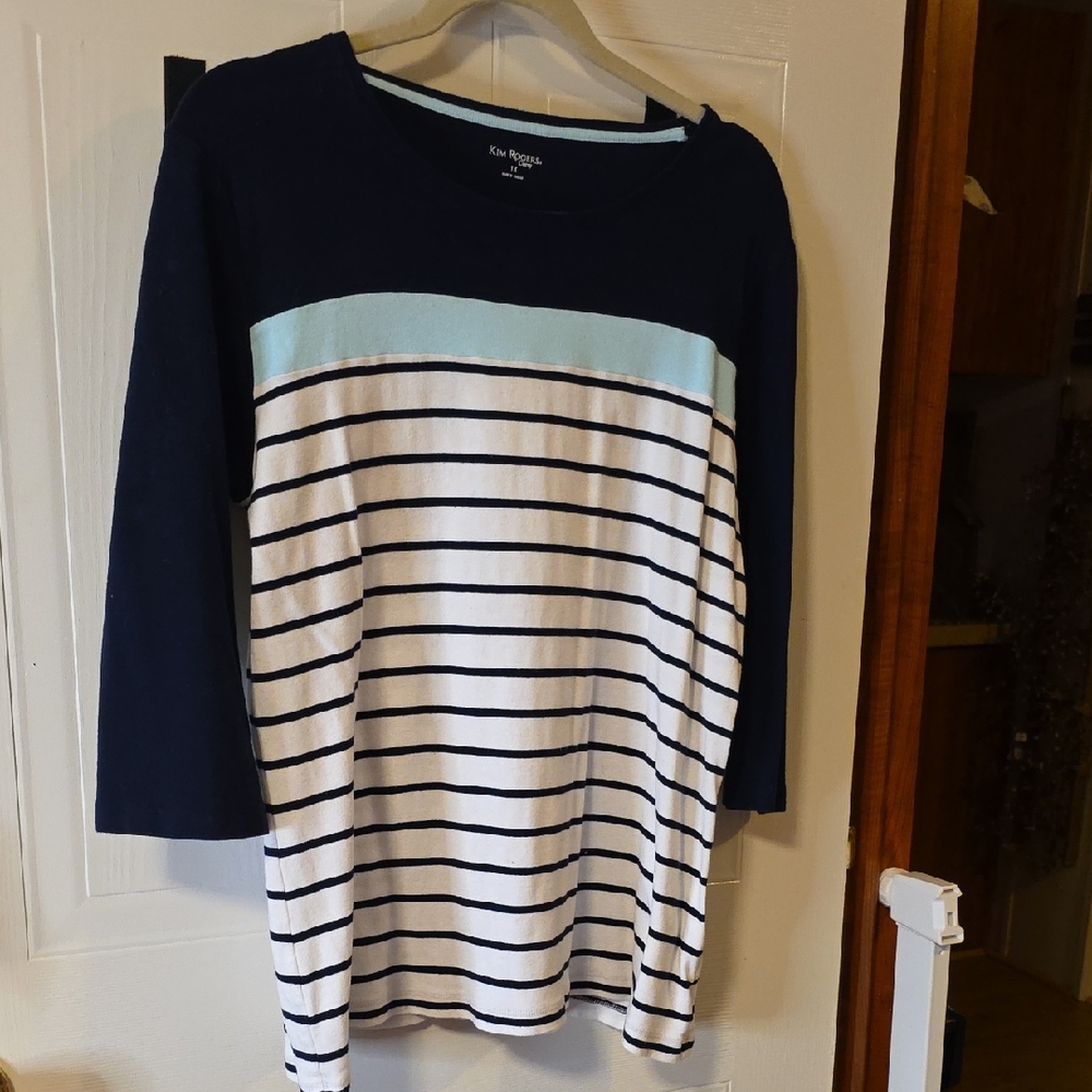 Kim Rogers Navy and White Striped Top with Light Blue Accent